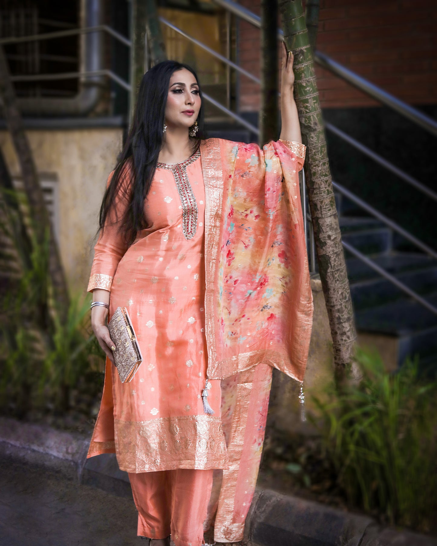 Peach Organza Premium Kurta with Beautiful Flower Print Multi Color Dupatta