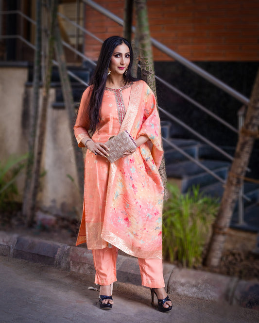 Peach Organza Premium Kurta with Beautiful Flower Print Multi Color Dupatta