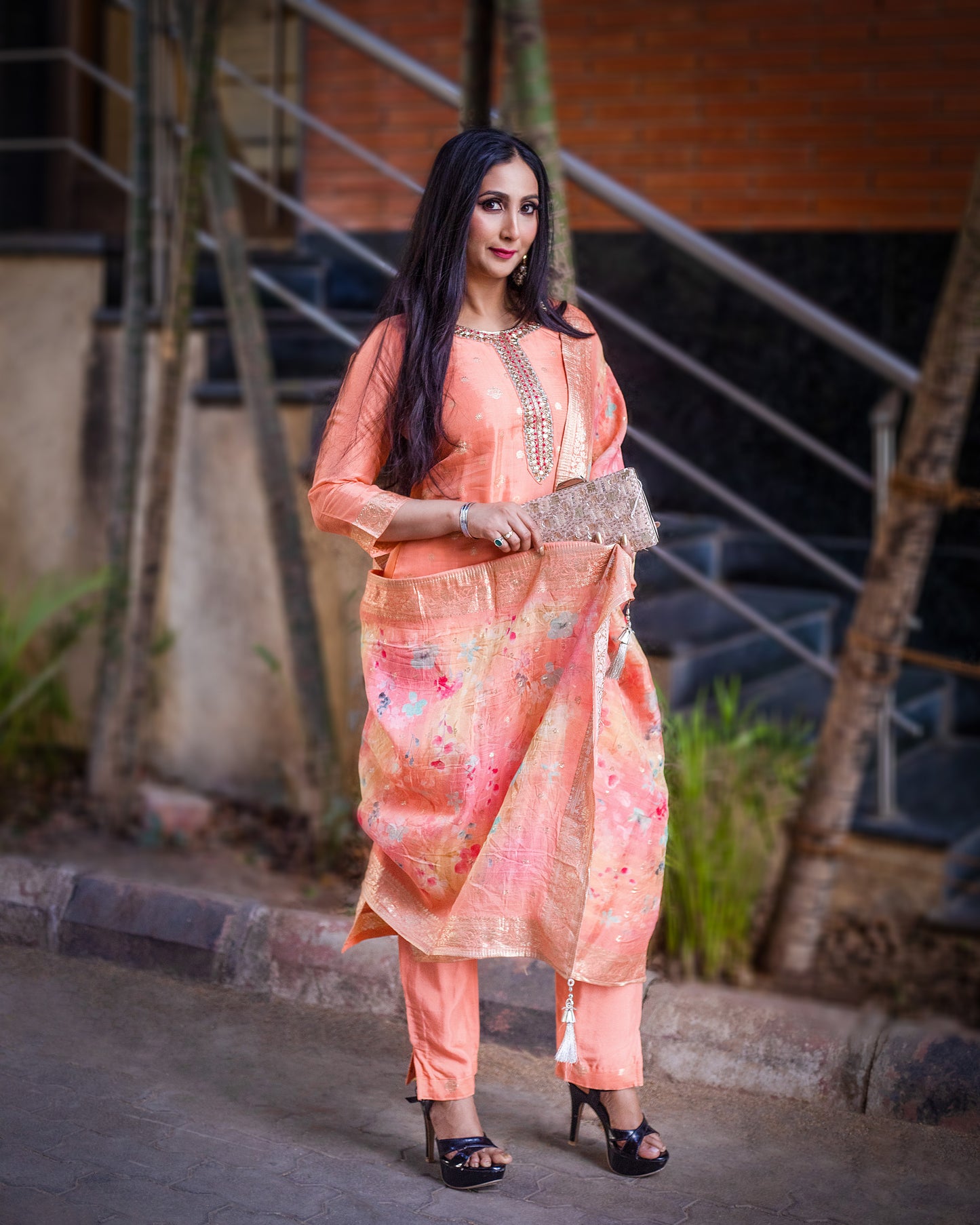 Peach Organza Premium Kurta with Beautiful Flower Print Multi Color Dupatta