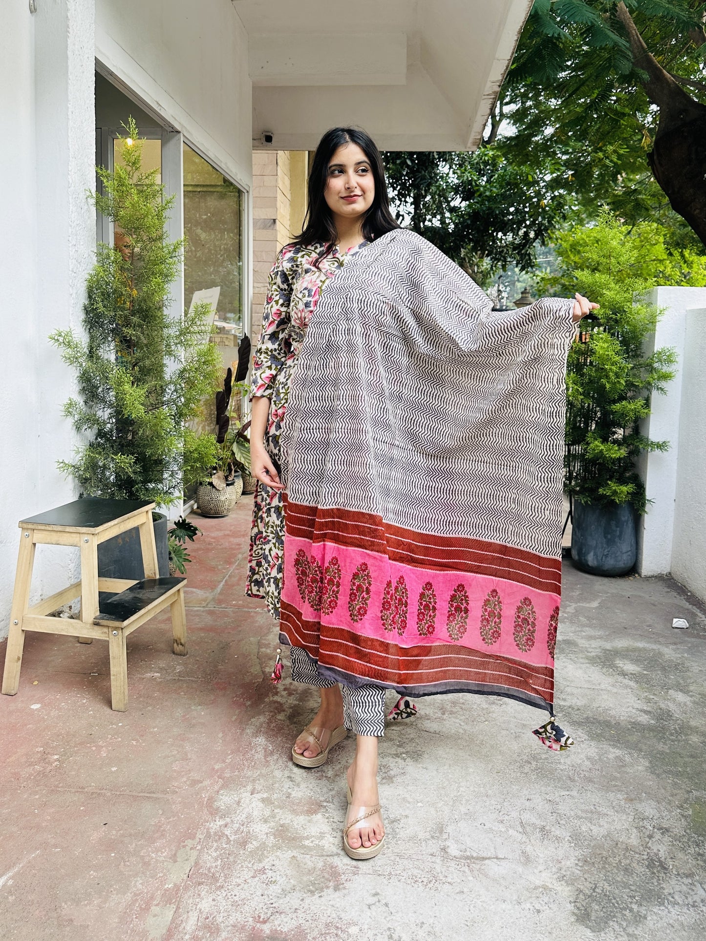 Off-White Pink Cotton Kurta with Pant and Dupatta