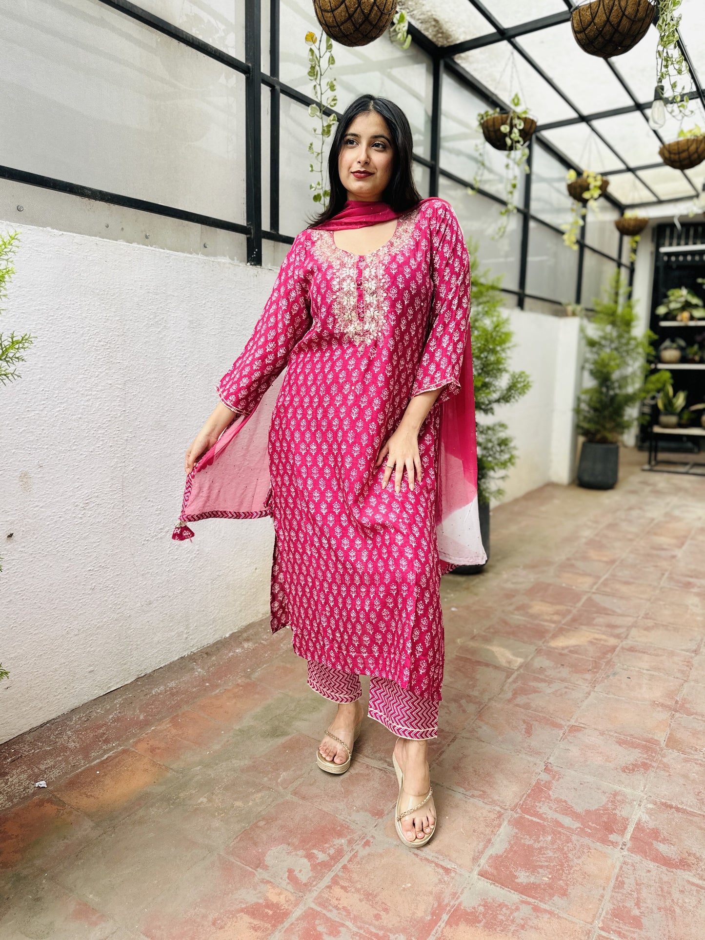 Pink Pure Muslin Kurta with Pant and Dupatta HSR