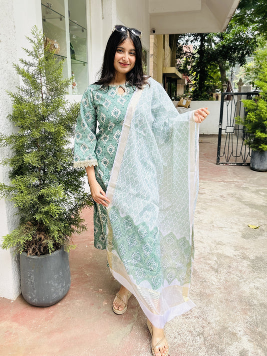 Green Cotton Kurta with Neck and Sleeve Embroidery with Pant and Dupatta
