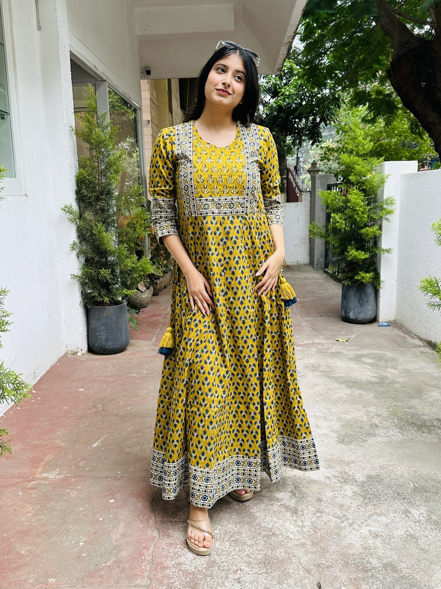 Mustard Cotton Block Print Anarkali Dress