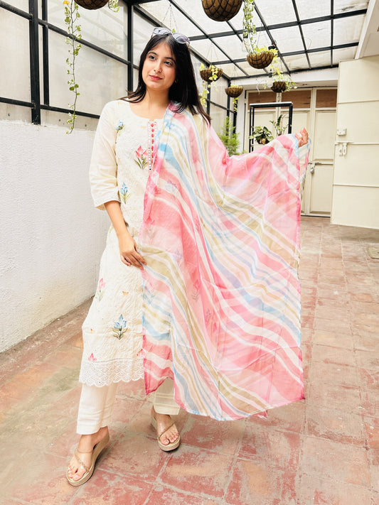 Off-White Cotton Embroidered Kurta with Pant and Multi Color Dupatta