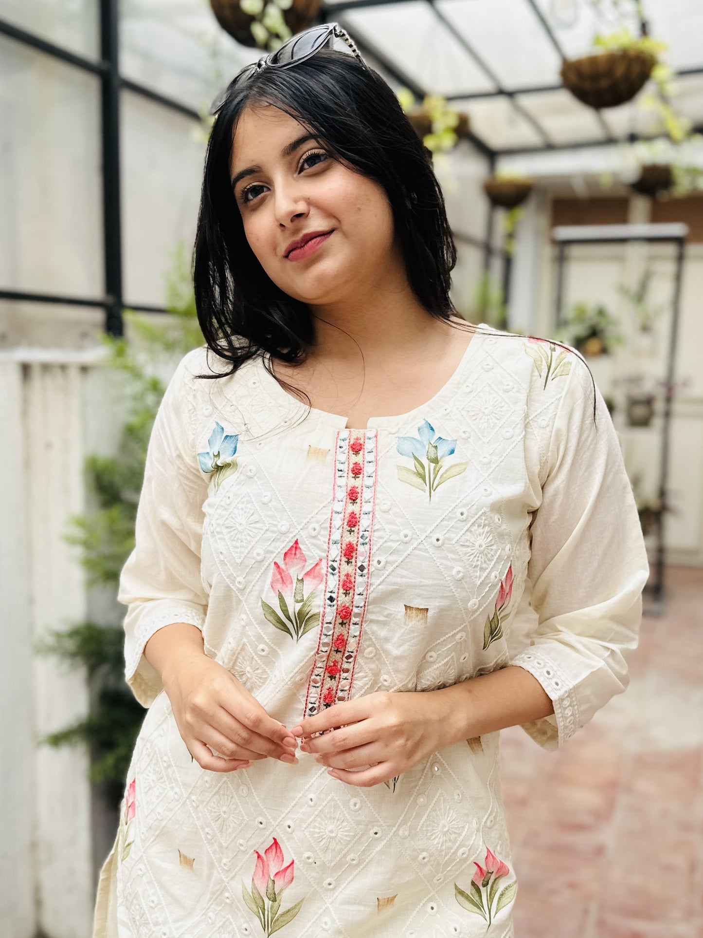 Off-White Cotton Embroidered Kurta with Pant and Multi Color Dupatta