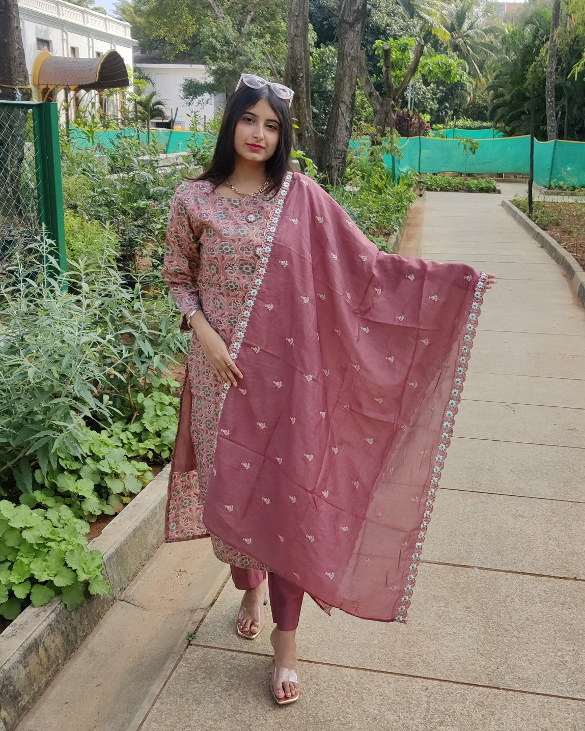 Peach Green Muslin Kurta with Pant and Dupatta