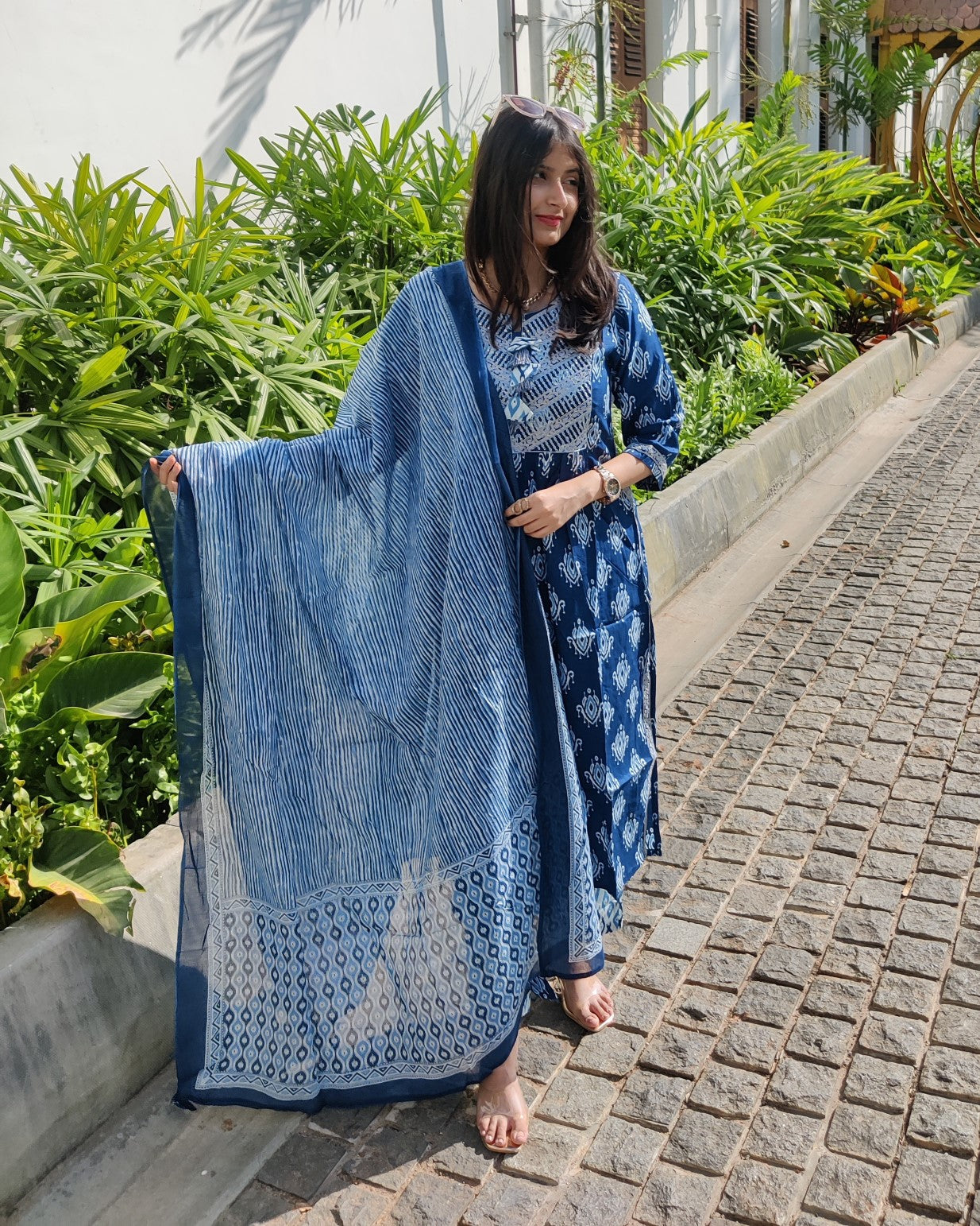 Blue Sequin Embroidered Kurti with Pant and Dupatta