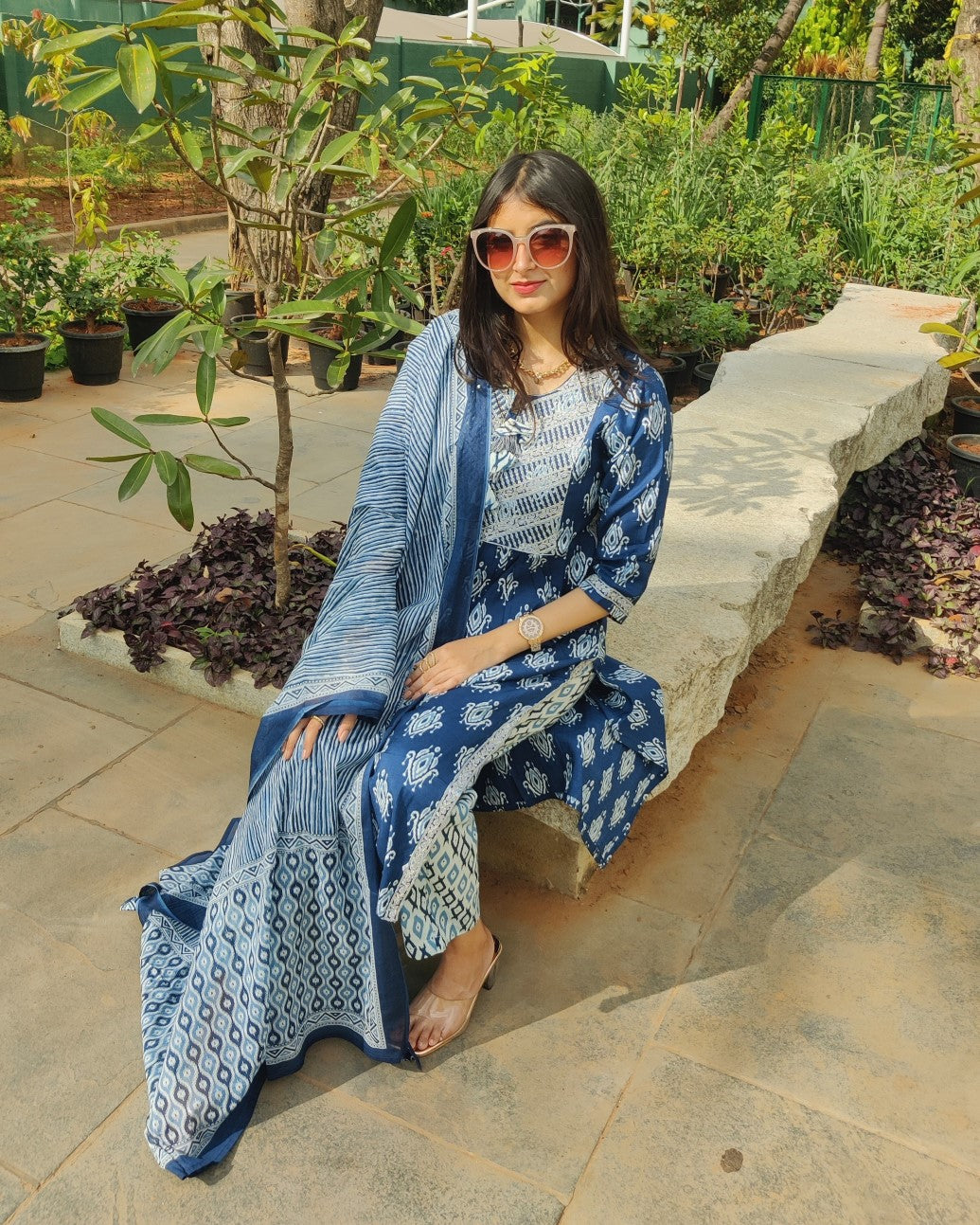 Blue Sequin Embroidered Kurti with Pant and Dupatta