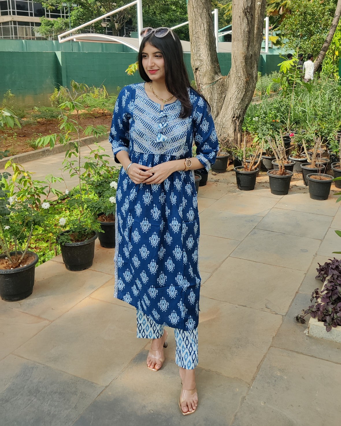 Blue Sequin Embroidered Kurti with Pant and Dupatta