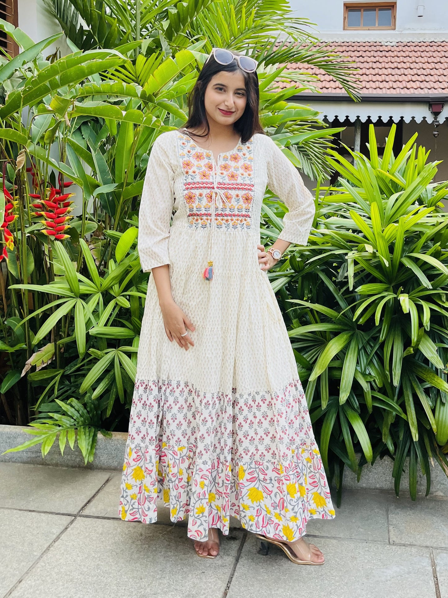 Off-White Cotton Anarkali Dress Red Flowers Embroidery
