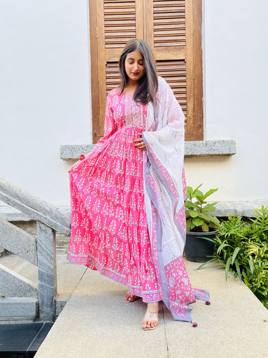 Pink Cotton Anarkali with Dupatta