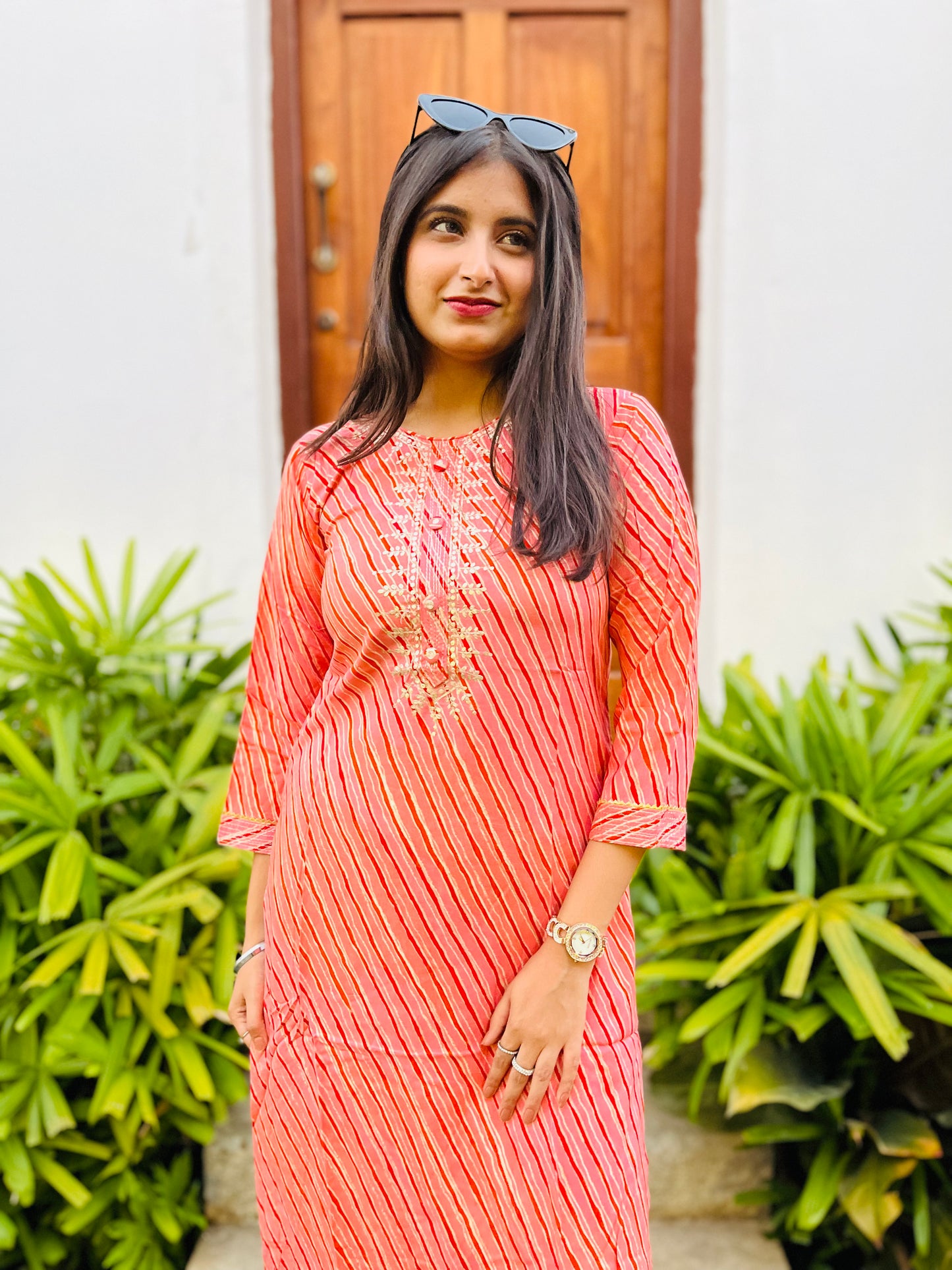 Orange Muslin Embroidery Lehariya Kurta