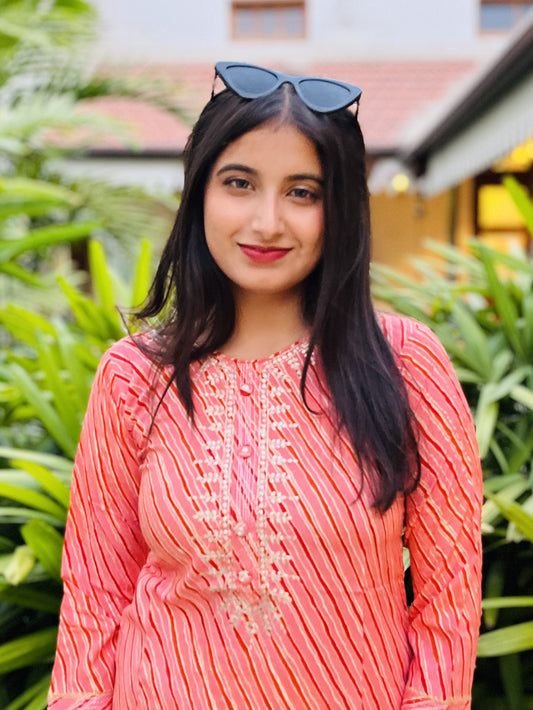 Orange Muslin Embroidery Lehariya Kurta