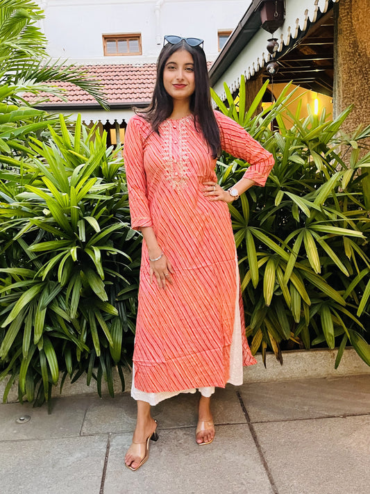 Orange Muslin Embroidery Lehariya Kurta