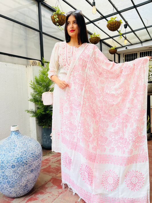 White and Pink Cotton Lurex Kurti with Pant and Dupatta