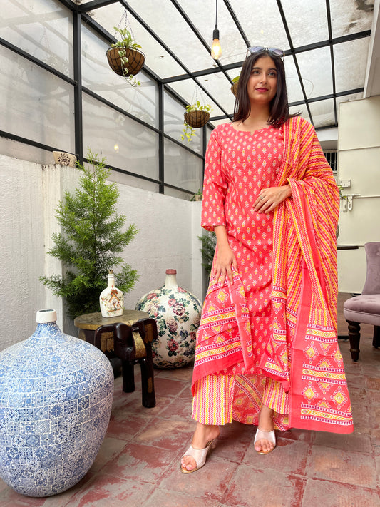 Pink Cotton Embroidered Kurta with Pant and Dupatta