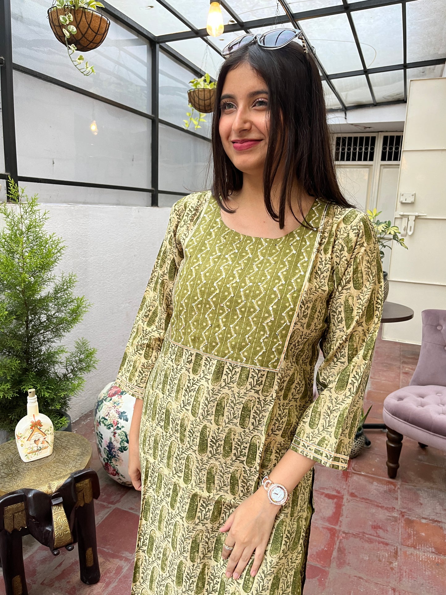 Green Muslin Kurti and Pant Set