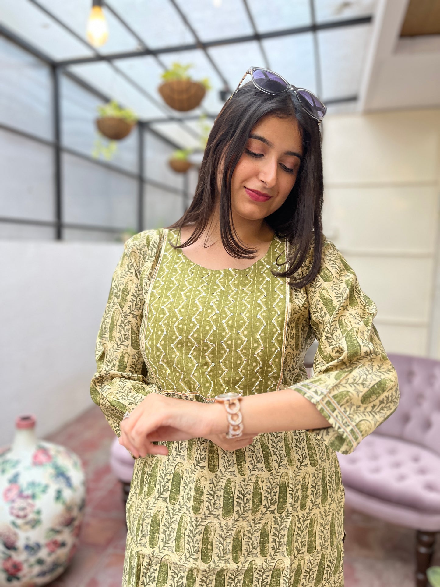 Green Muslin Kurti and Pant Set