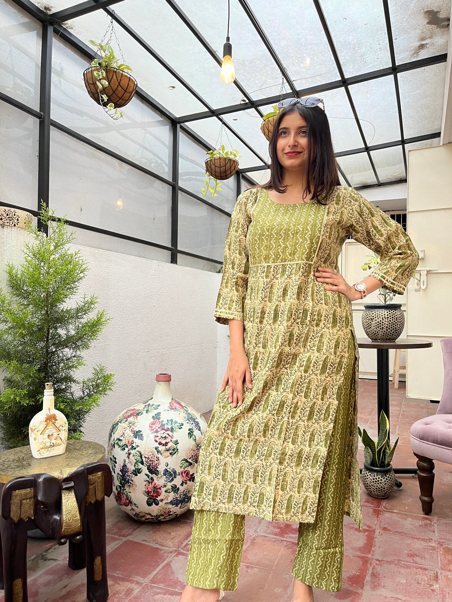 Green Muslin Kurti and Pant Set