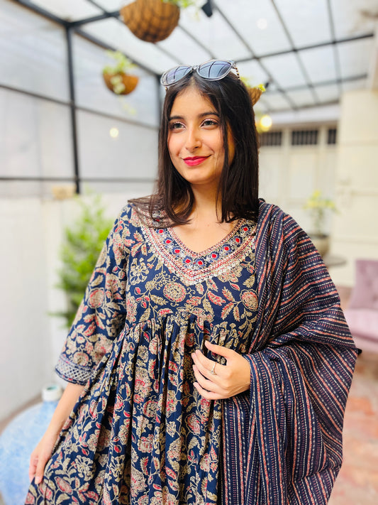 Navy Blue Cotton Alia Cut Kurta with Pant and Dupatta