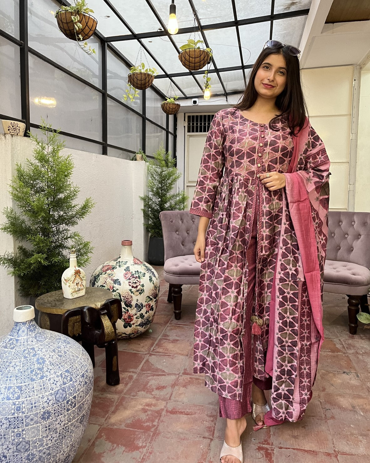 Pink Muslin Front Slit Kurta with Pant and Dupatta