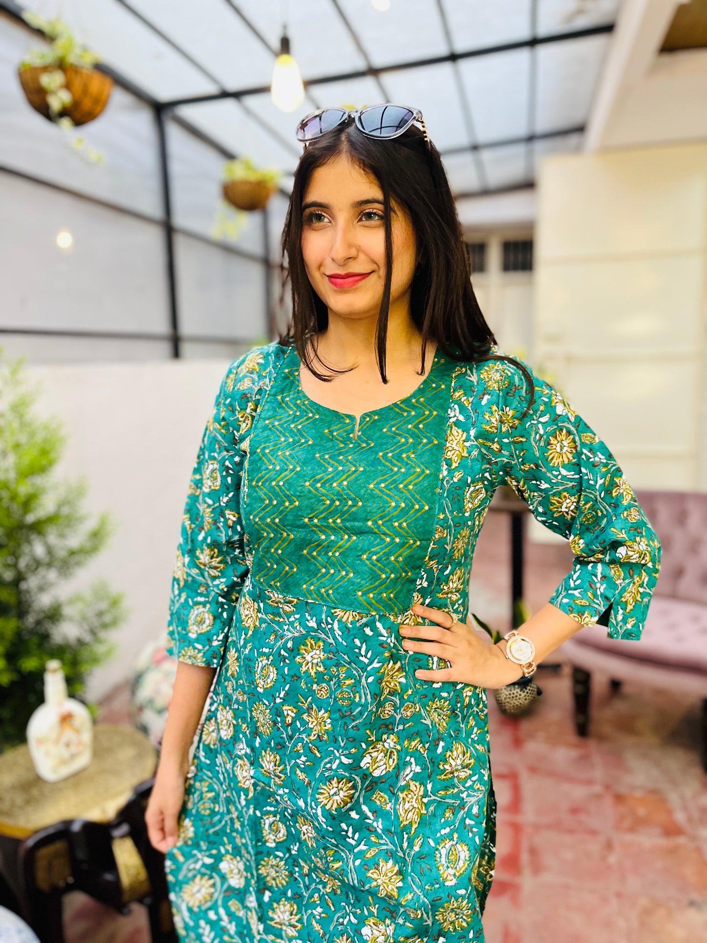 Green Cotton Embroidered Kurta with Pant