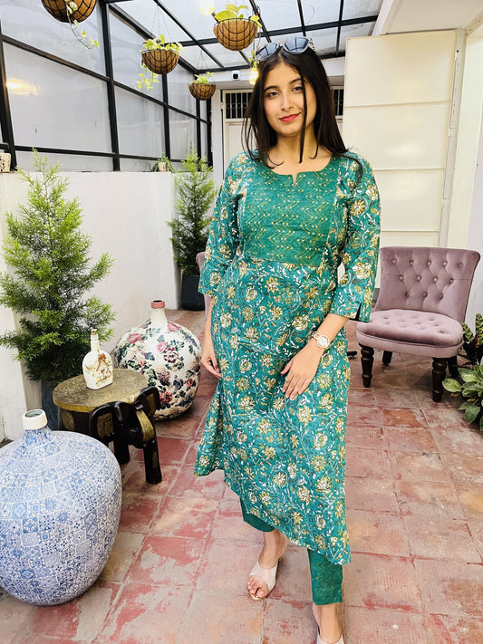 Green Cotton Embroidered Kurta with Pant