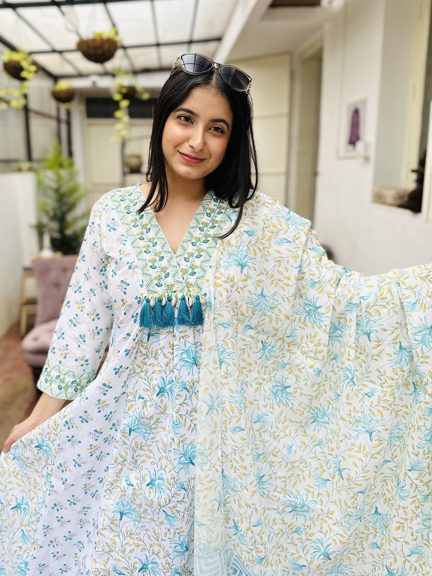 White Cotton V Neck Naira Cut Kurta with Pant and Dupatta