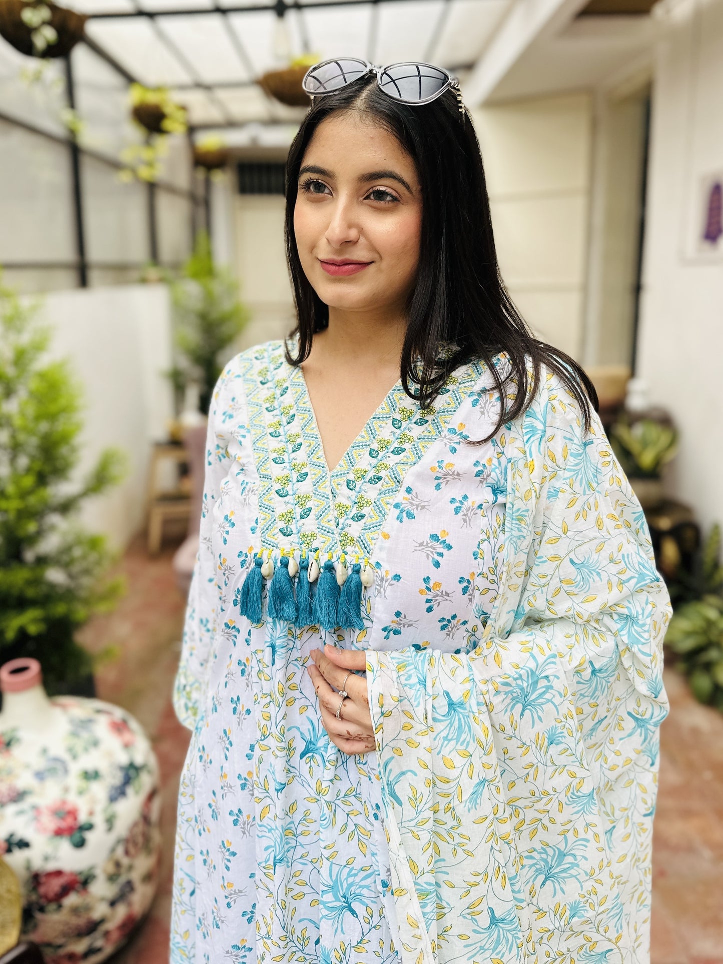 White Cotton V Neck Naira Cut Kurta with Pant and Dupatta