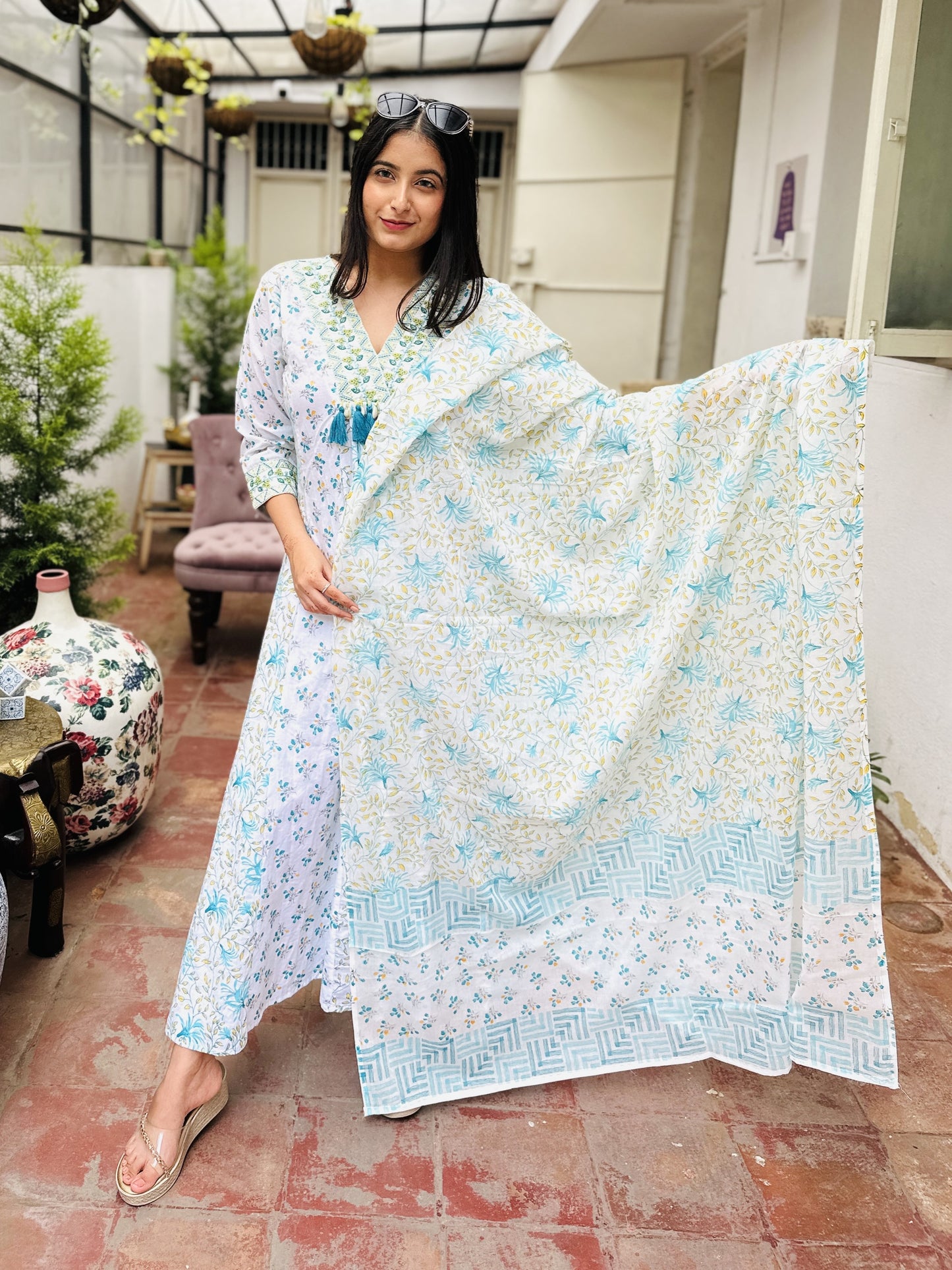 White Cotton V Neck Naira Cut Kurta with Pant and Dupatta