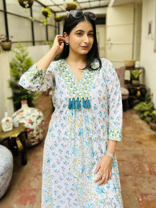 White Cotton V Neck Naira Cut Kurta with Pant and Dupatta