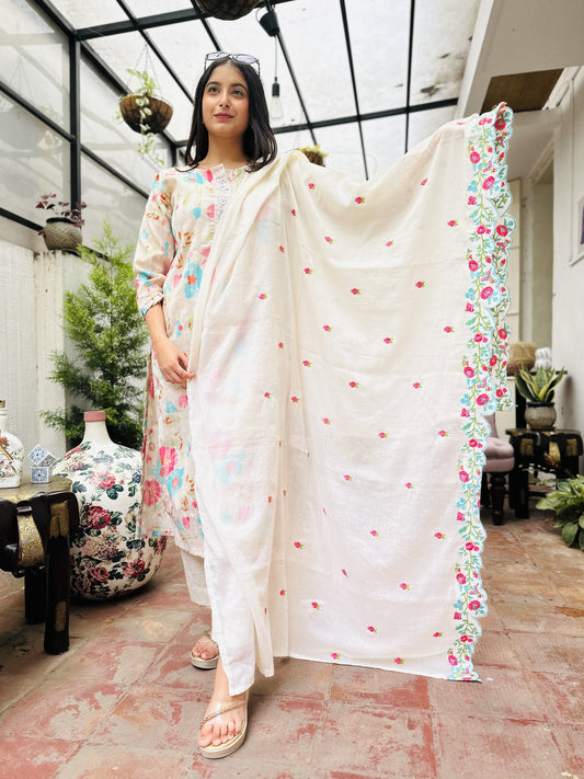 Off White Muslin Pink Blue Floral Kurta with Pant and Dupatta