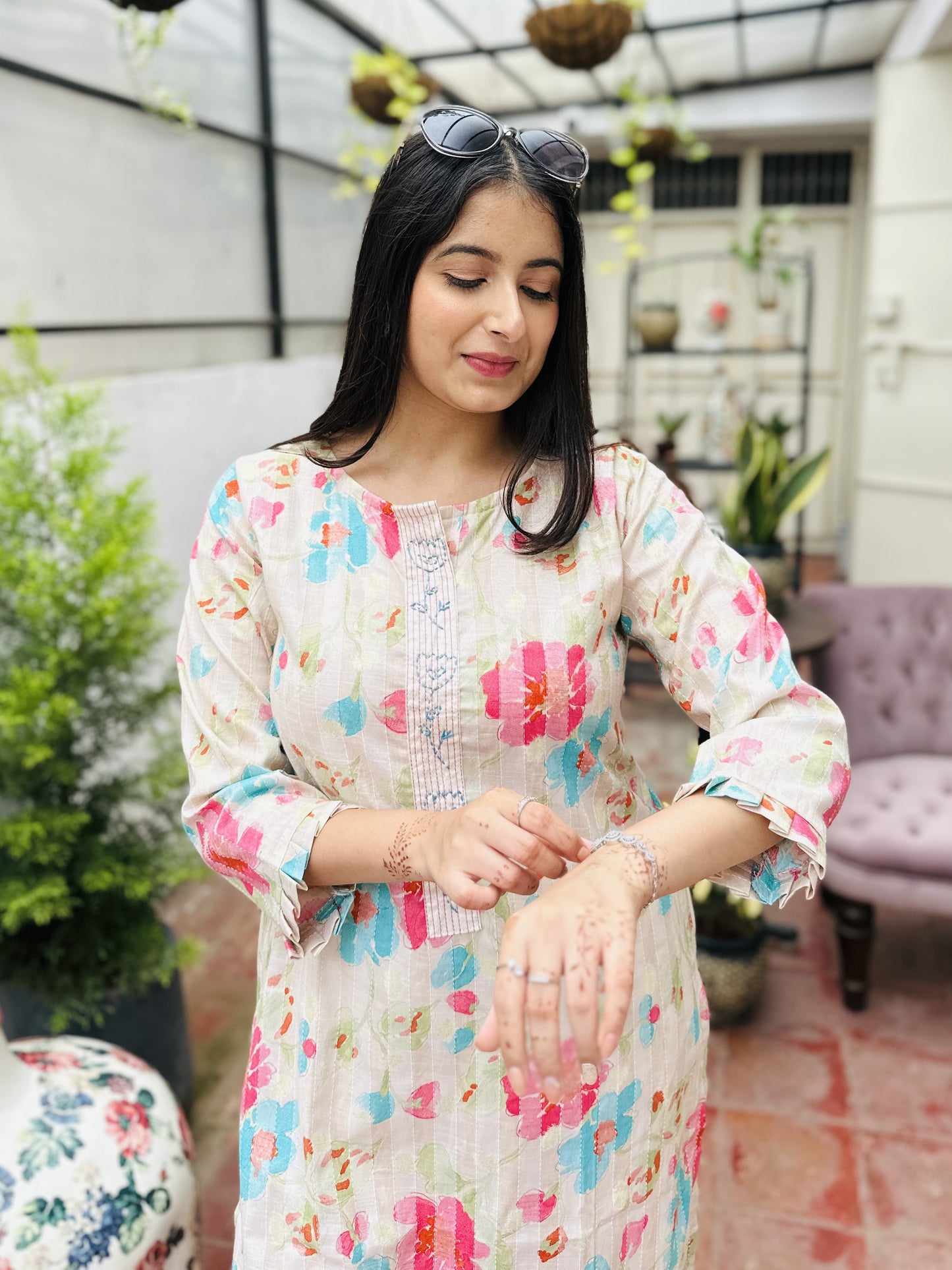 Off White Muslin Pink Blue Floral Kurta with Pant and Dupatta
