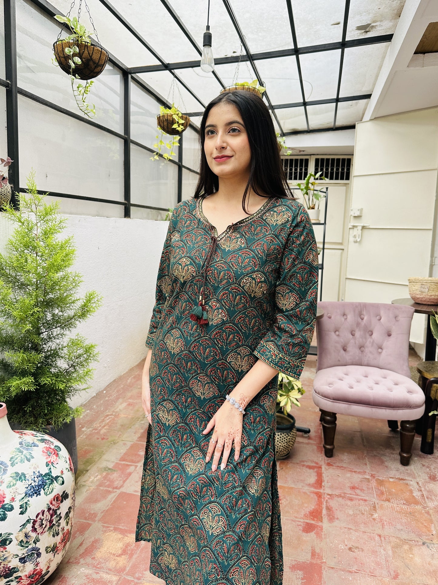 Green Cotton Kurta with Sequin Work with Pant and Dupatta