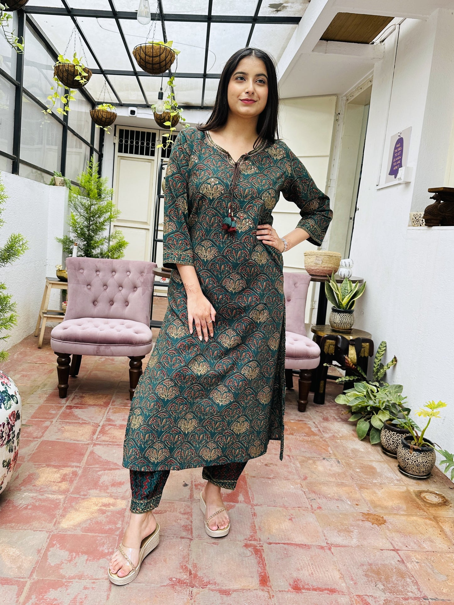 Green Cotton Kurta with Sequin Work with Pant and Dupatta