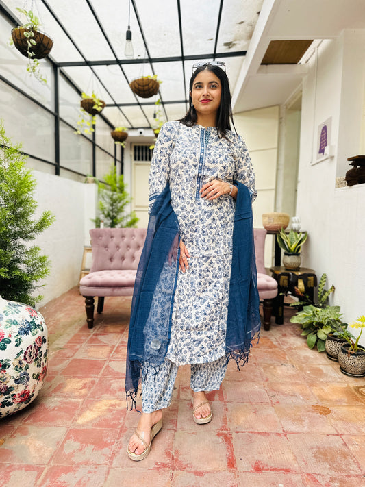 White Blue Cotton Kurta with Pant and Dupatta