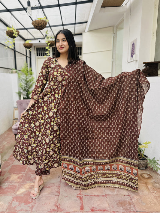 Brown Cotton Angrakha Kurta with Pant and Dupatta