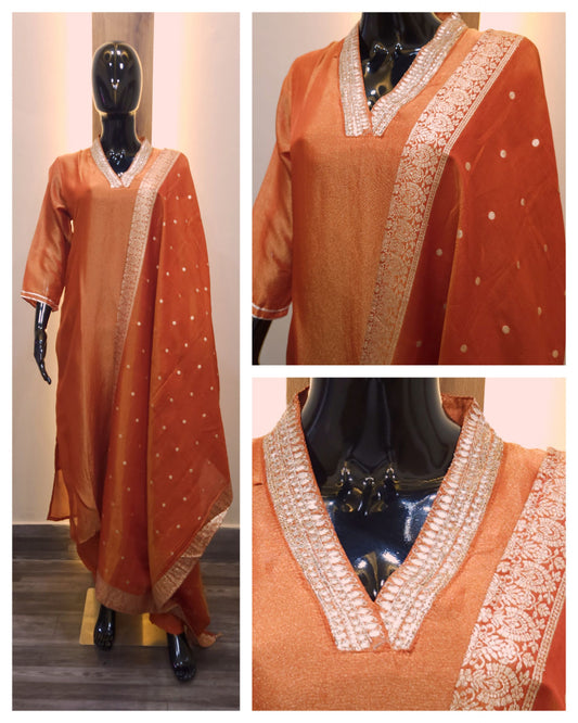 Orange Shimmer Silk Kurta with Pant and Dupatta