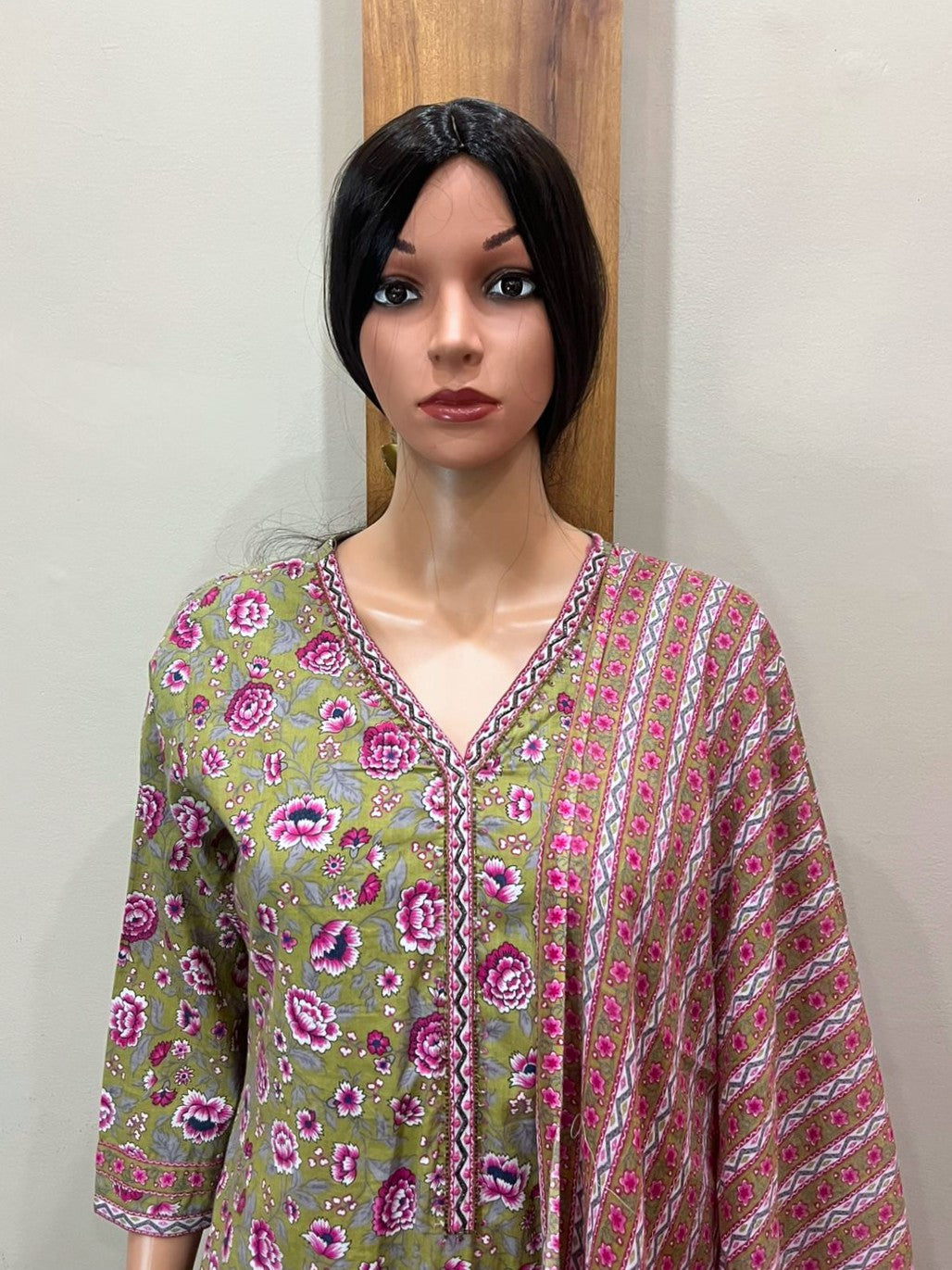 Brown Cotton V Neck Dupatta Set