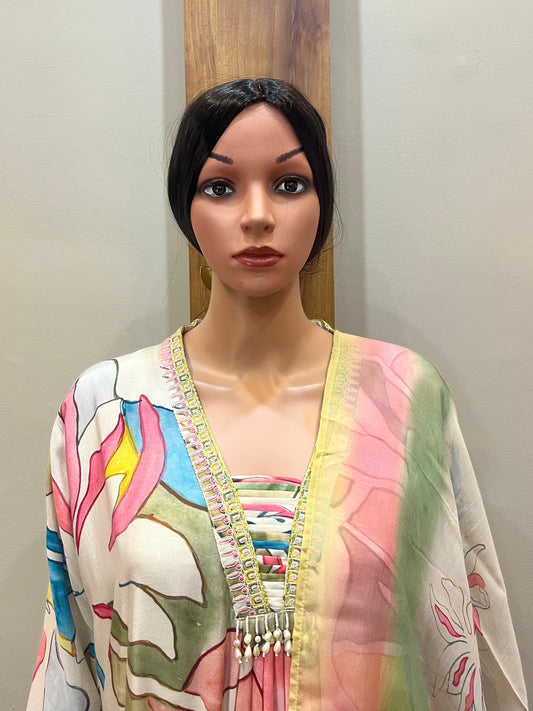 Cream Green V Neck Silk Kurta with Pant and Dupatta