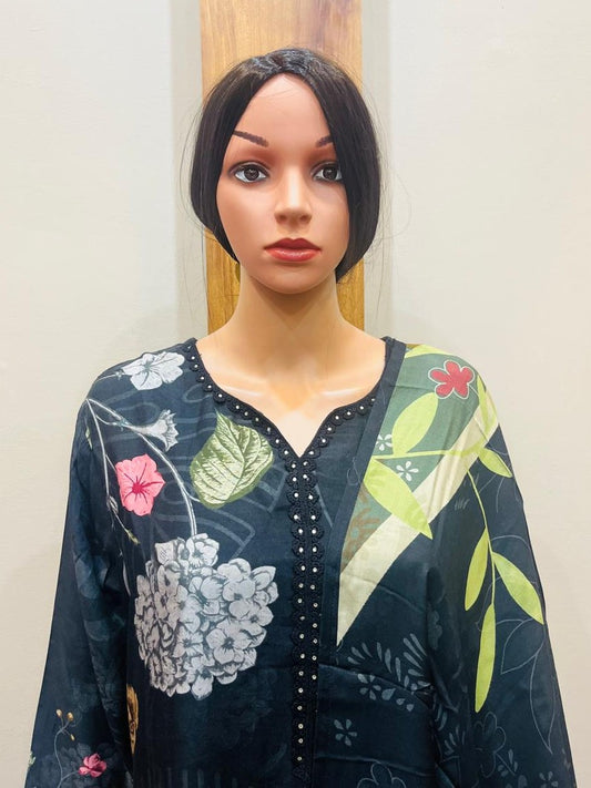 Black Muslin Printed Kurta with Pant and Dupatta