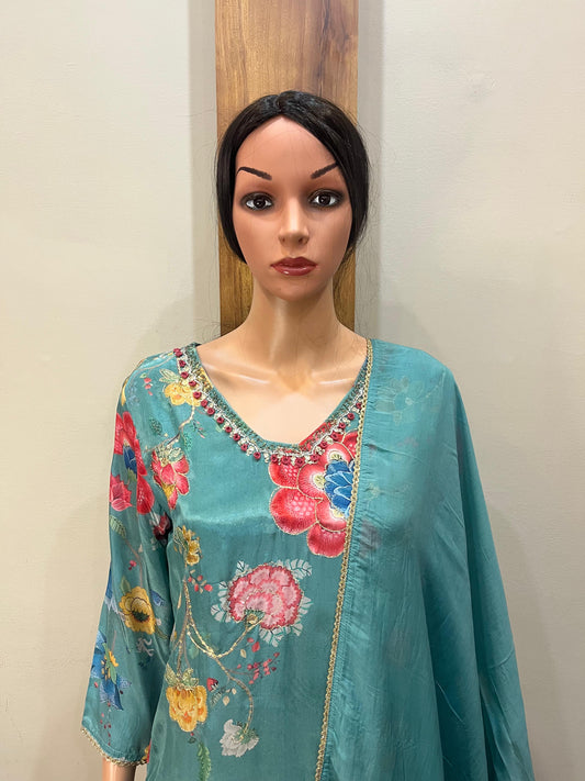 Teal silk dupatta set