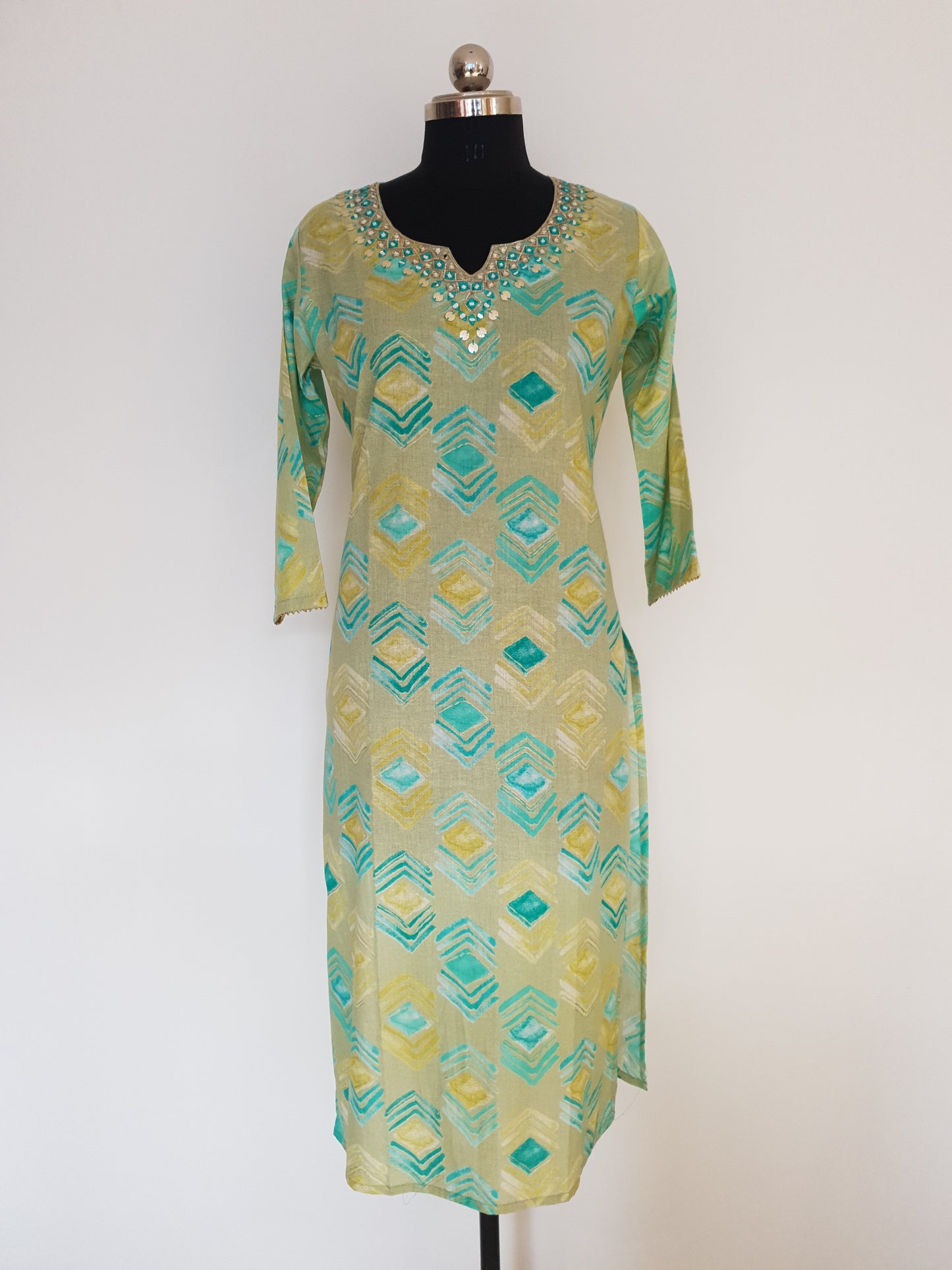 Green Cotton Hand Work Embroidered Premium Kurta