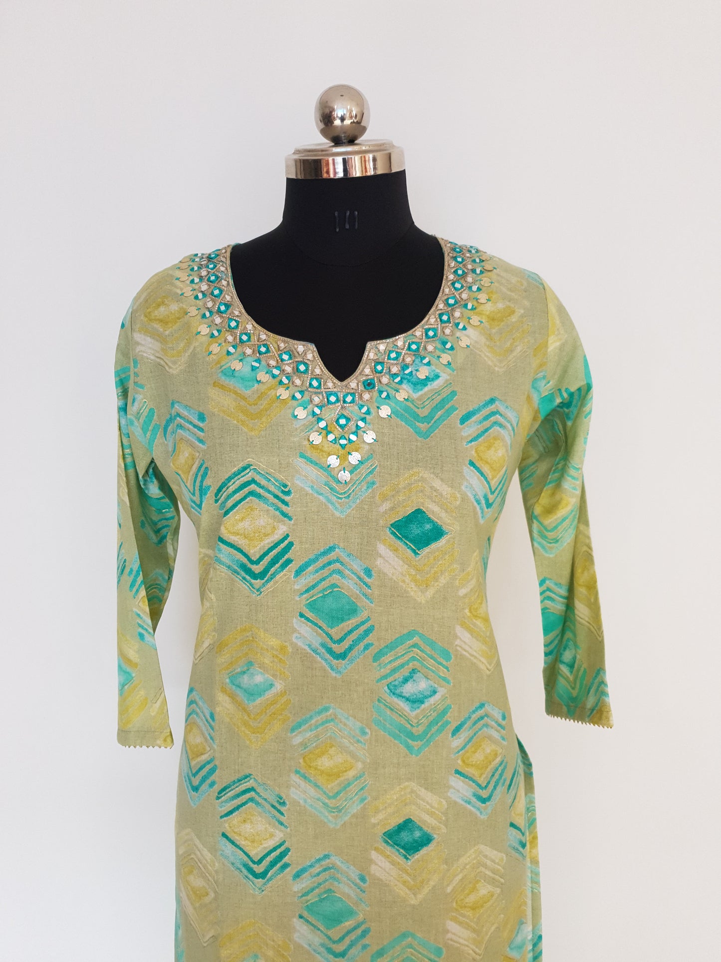 Green Cotton Hand Work Embroidered Premium Kurta