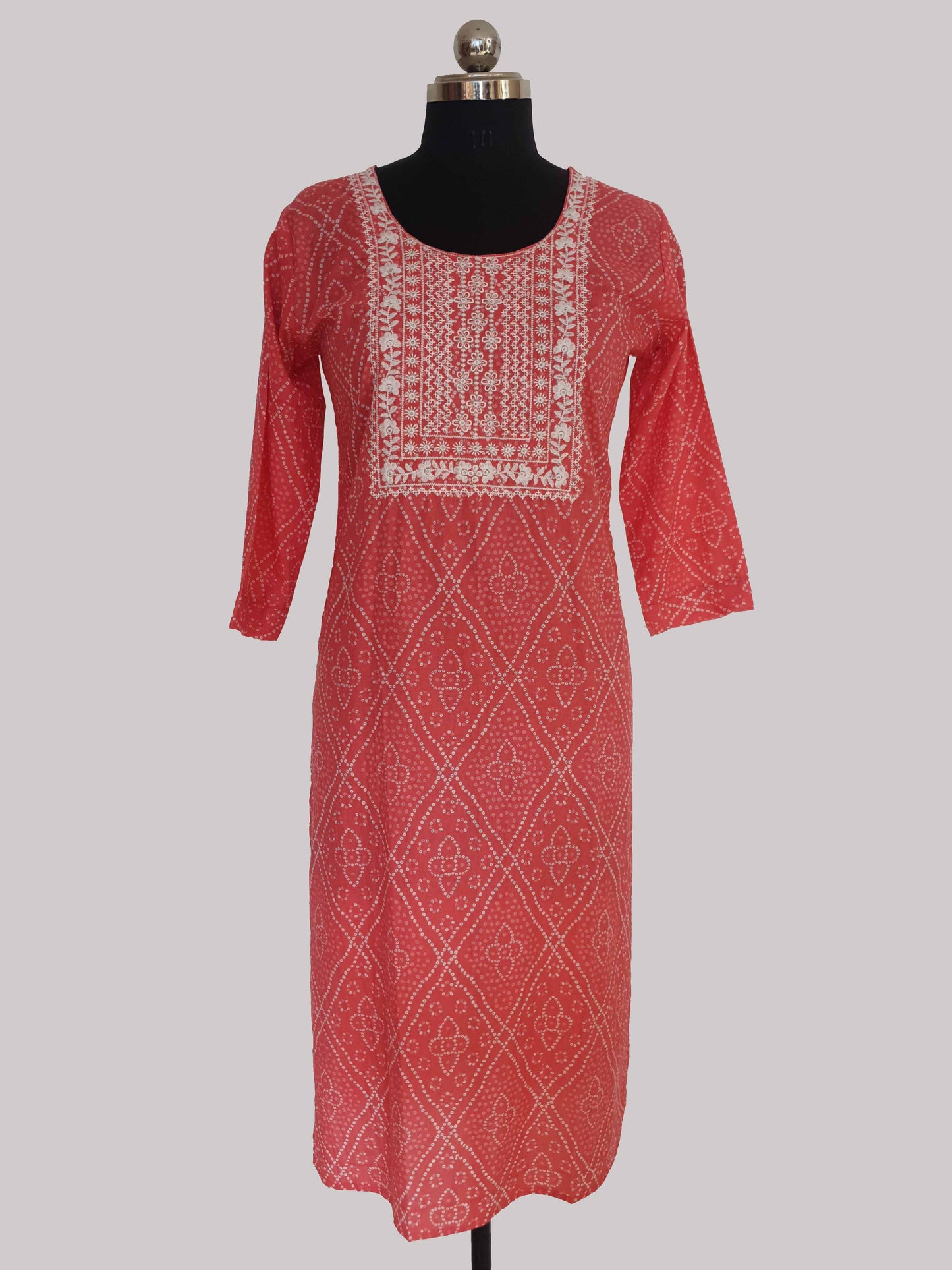 Pink Bandhini Print Cotton Kurti with Pant and Dupatta