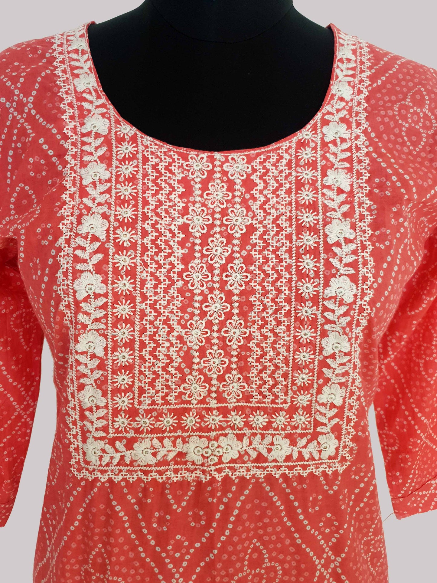 Pink Bandhini Print Cotton Kurti with Pant and Dupatta