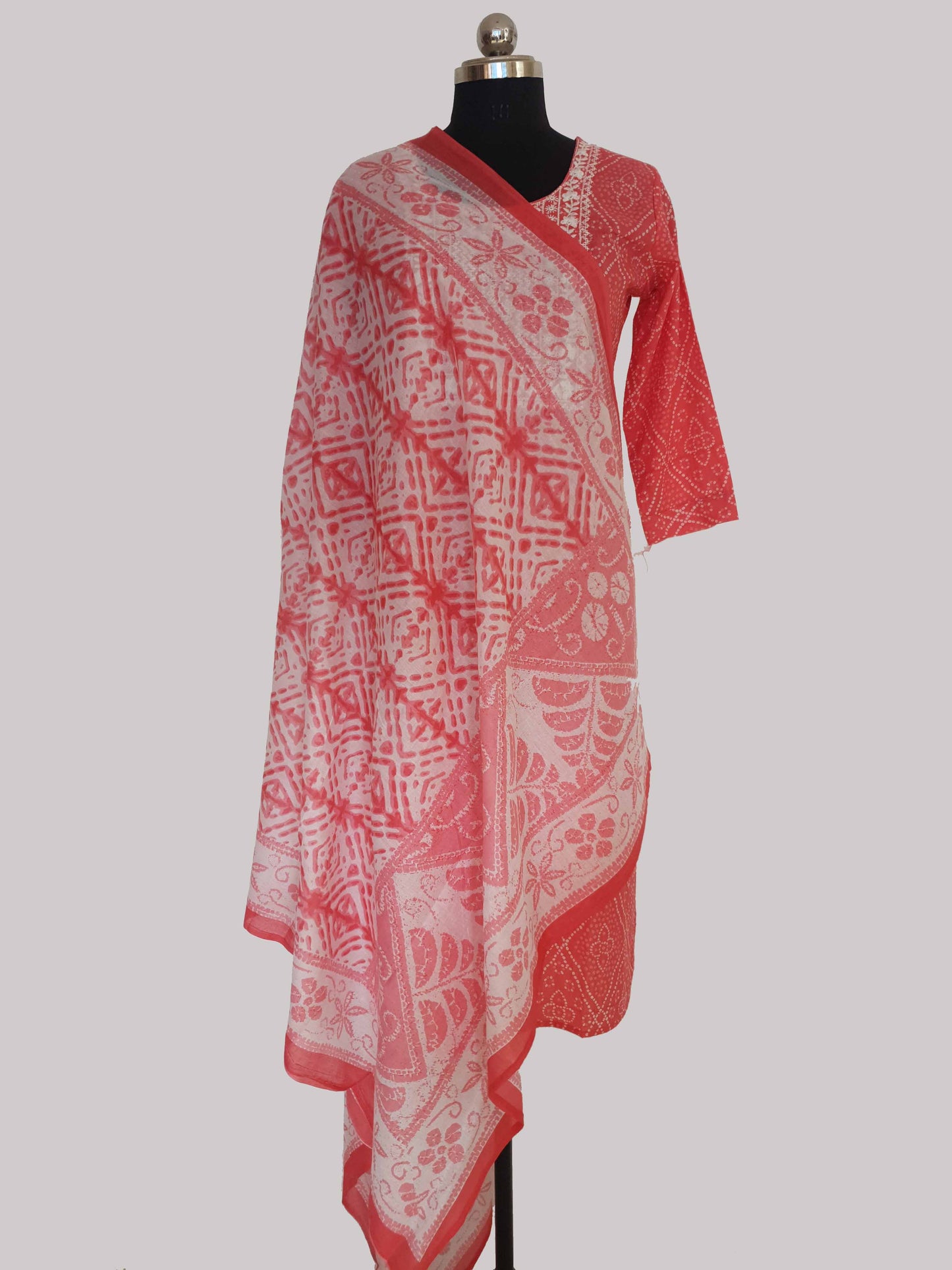 Pink Bandhini Print Cotton Kurti with Pant and Dupatta