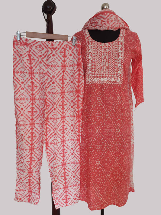 Pink Bandhini Print Cotton Kurti with Pant and Dupatta