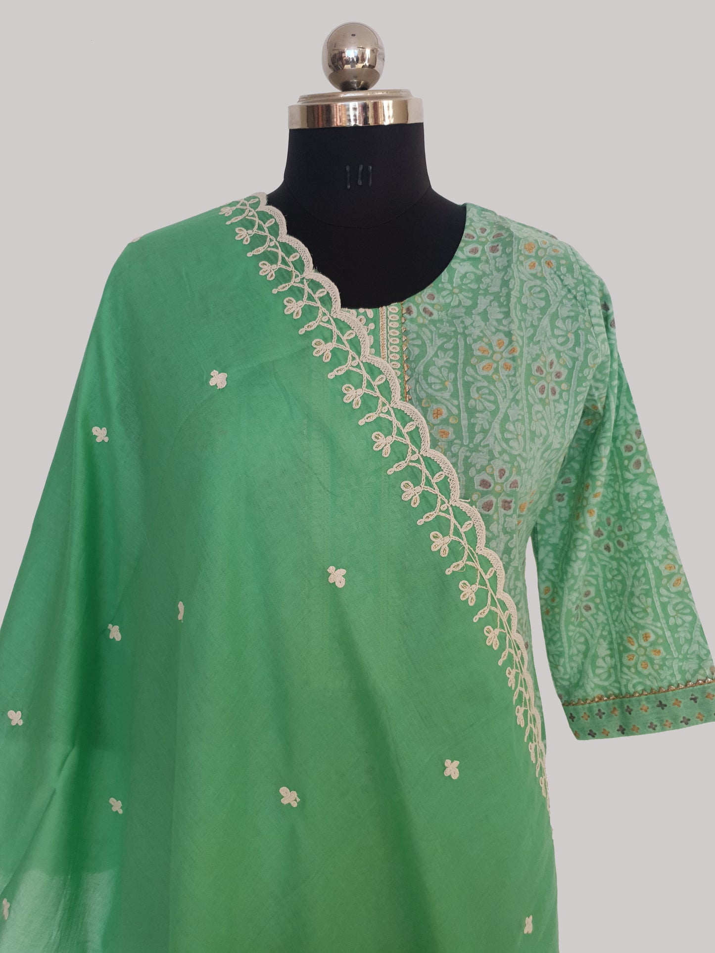 Green Cotton Kurti with Pant and Beautiful Embroidered Dupatta