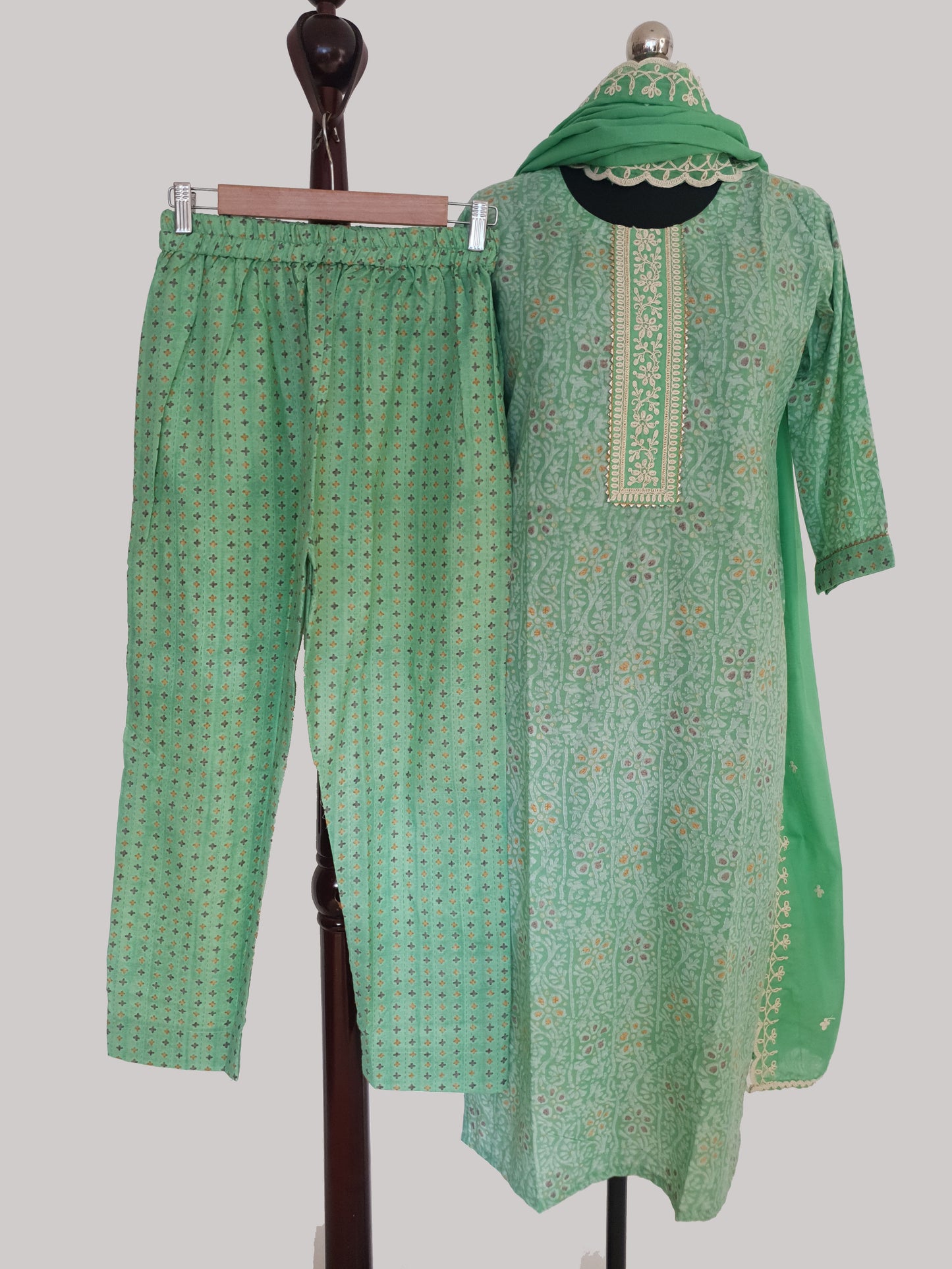 Green Cotton Kurti with Pant and Beautiful Embroidered Dupatta